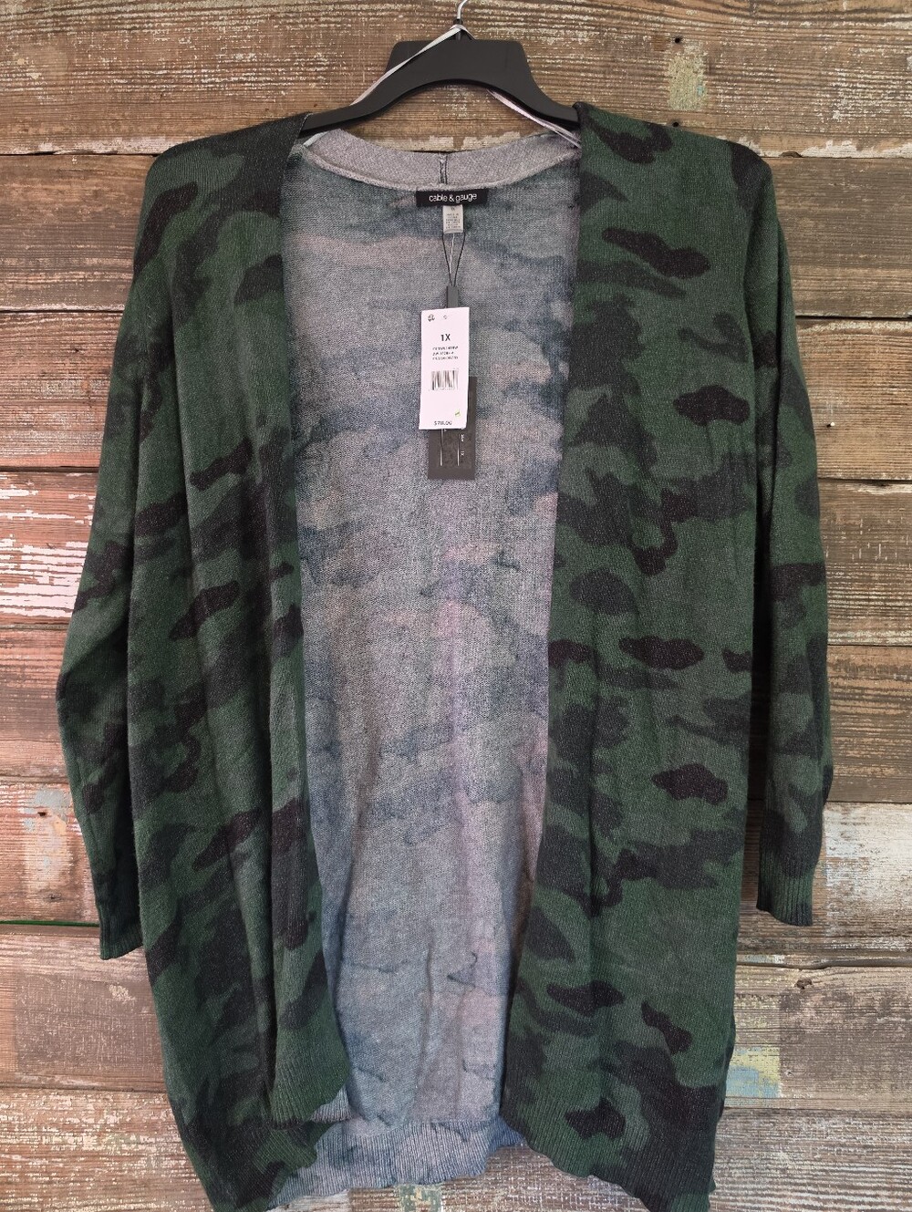 Cable & Gauge 1X Green Camo Long Cardigan NWT Plus Size Open Front - Picture 2 of 6
